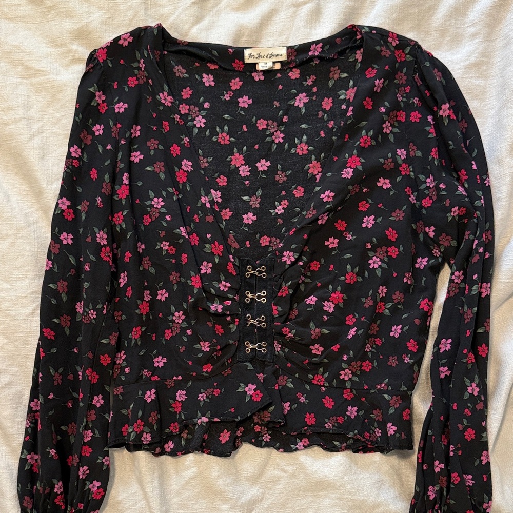 For Love & Lemons Black Floral Lace-Up Long-Sleeve Blouse